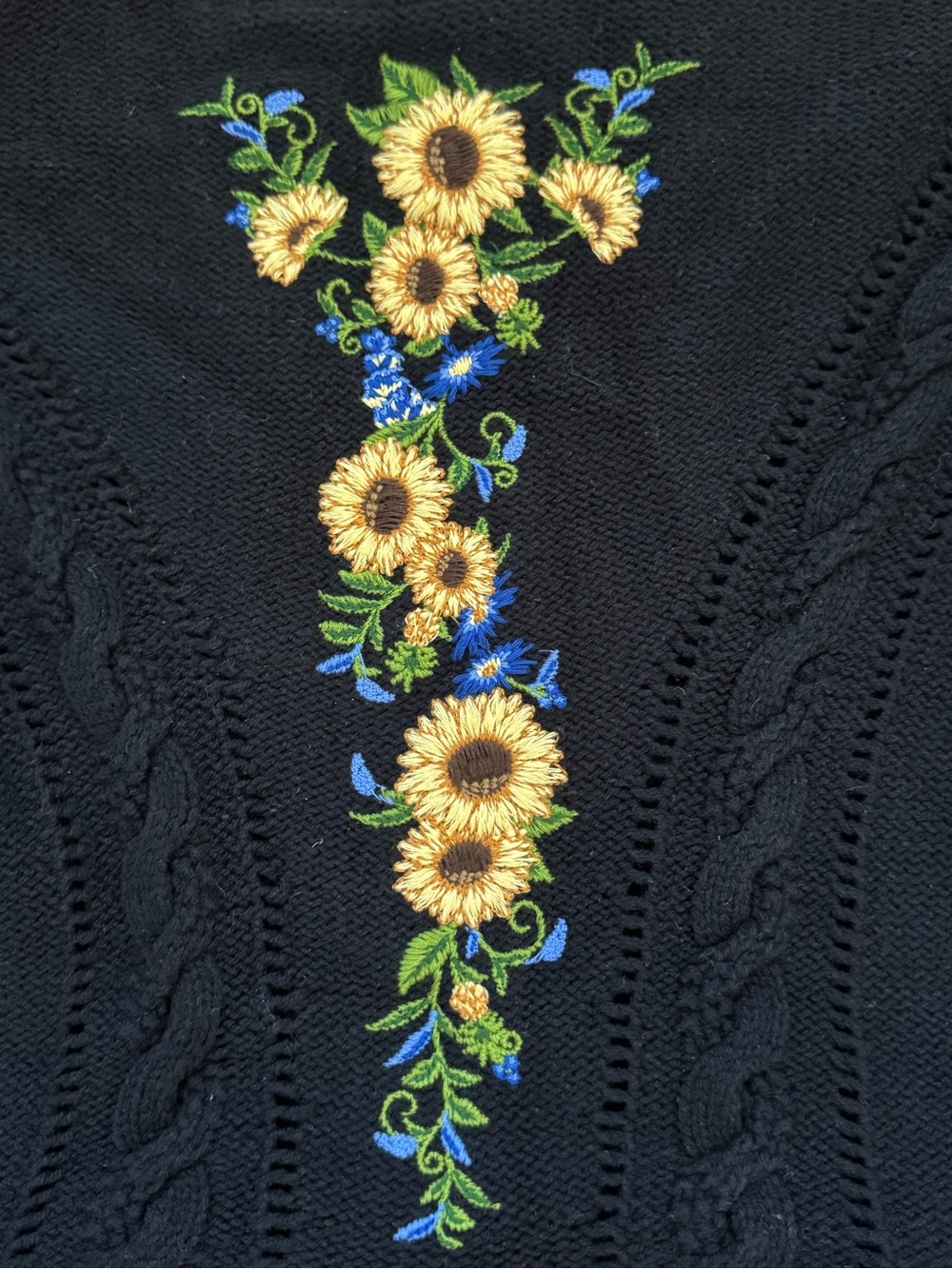 Farm Rio Black Embroidered Sunflower Cable Knit Peplum Sweater Top NWT Medium - Picture 6 of 13